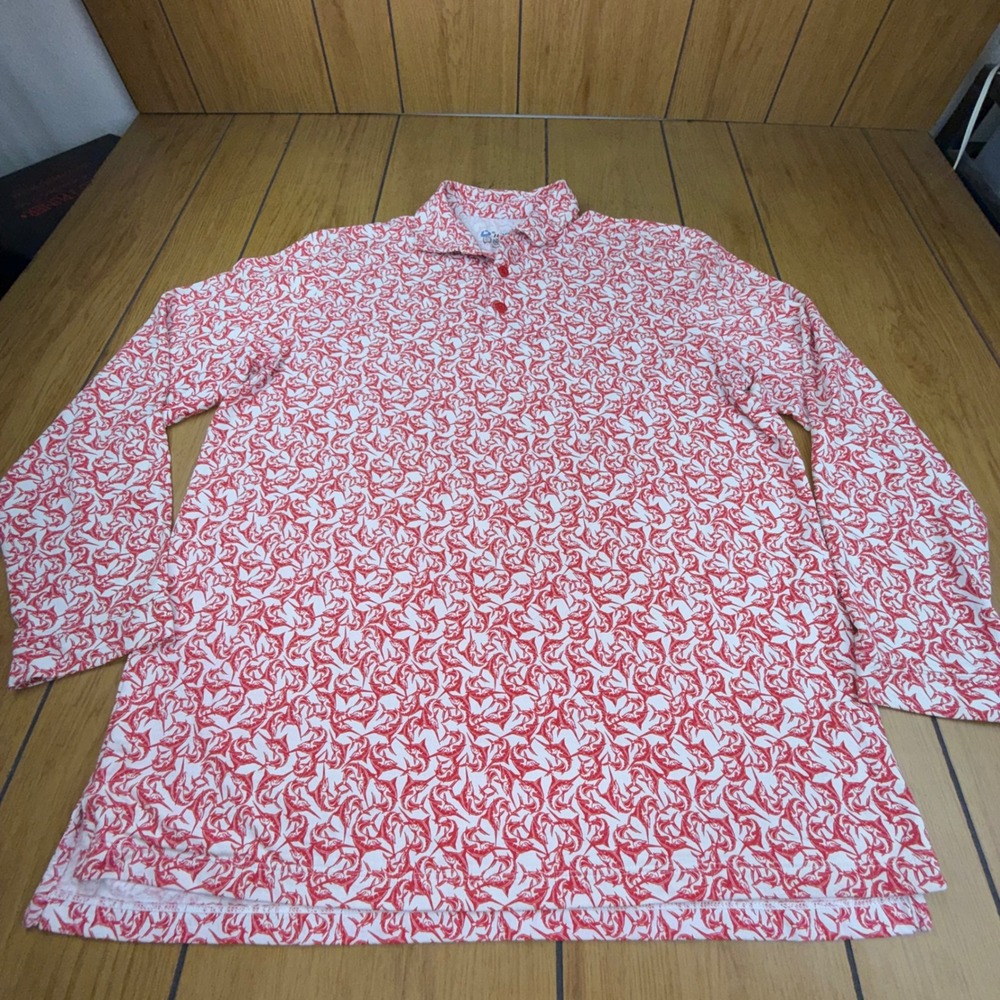 IBKUL Womens Red White Marlin Fish Print IceFil UPF 50+ Long Sleeve Polo Shirt L